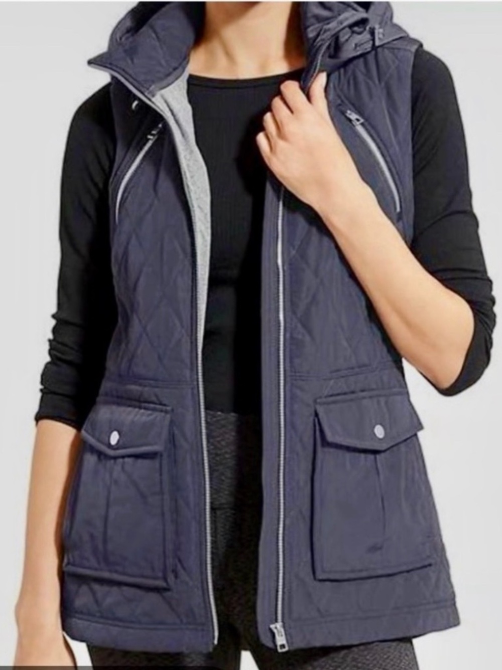 Athleta Tetons Vest *Navy Blue Diamond Quilted Full Zip Hooded XL